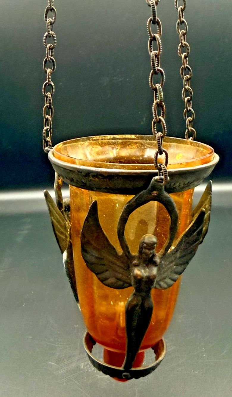 Hanging Metal Art Deco Sanctuary Vigil Lamp Candle Holder Amber Glass Wing Angel
